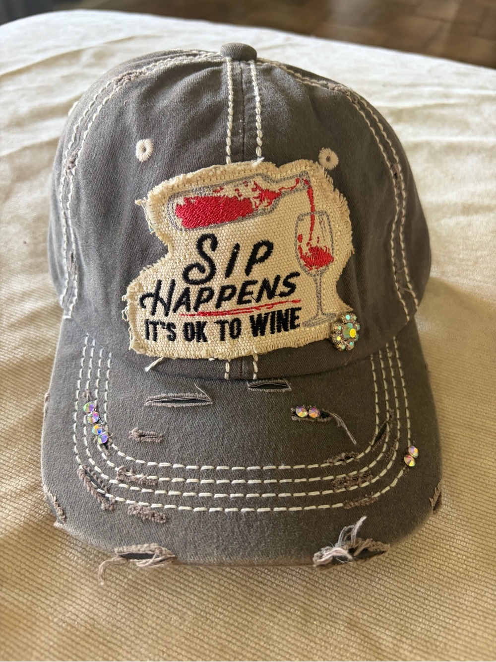 Sip Happens Distressed Baseball Cap - Gray with Red Accent